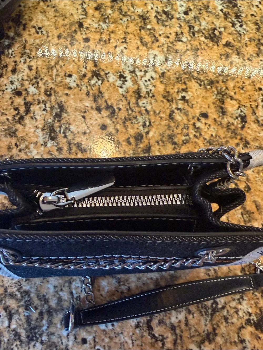 Marc Jacobs Black Canvas 'The Tote Bag' Mini with White Trim and Silver Chain